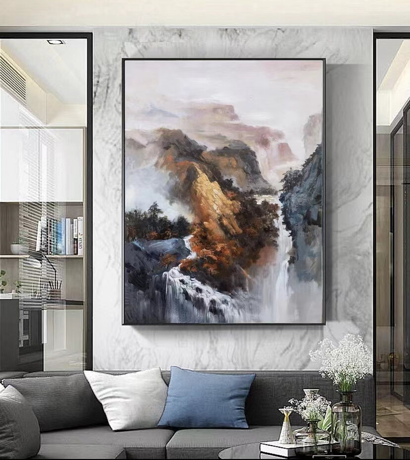手绘油画新中式山水风景装饰画入户玄关走廊客厅抽象肌理立体挂画