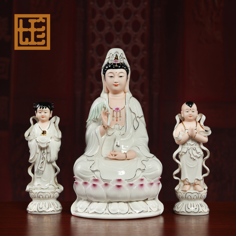 七珍陶瓷金童玉女摆件娃娃一对龙女善财童子观音菩萨佛像家用供奉