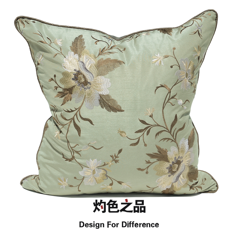 灰绿绣花图案简约现代新中式美式沙发样板房大抱枕靠枕靠垫不含芯