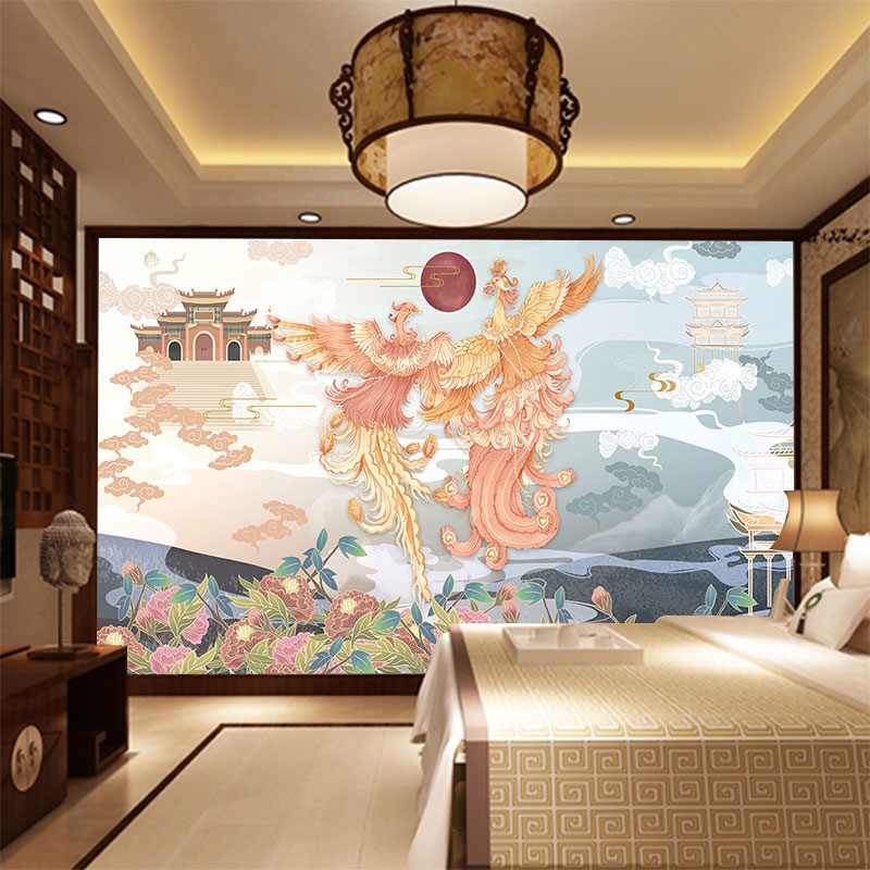 新中式古典敦煌墙纸壁画卧室墙布酒楼酒店凤凰图案电视背景墙壁纸