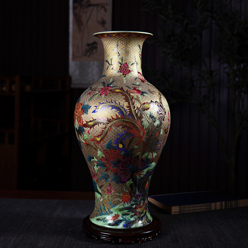 景德镇陶瓷瓶摆件手绘仿古描金珐琅彩大号花瓶客厅玄关新中式瓷器