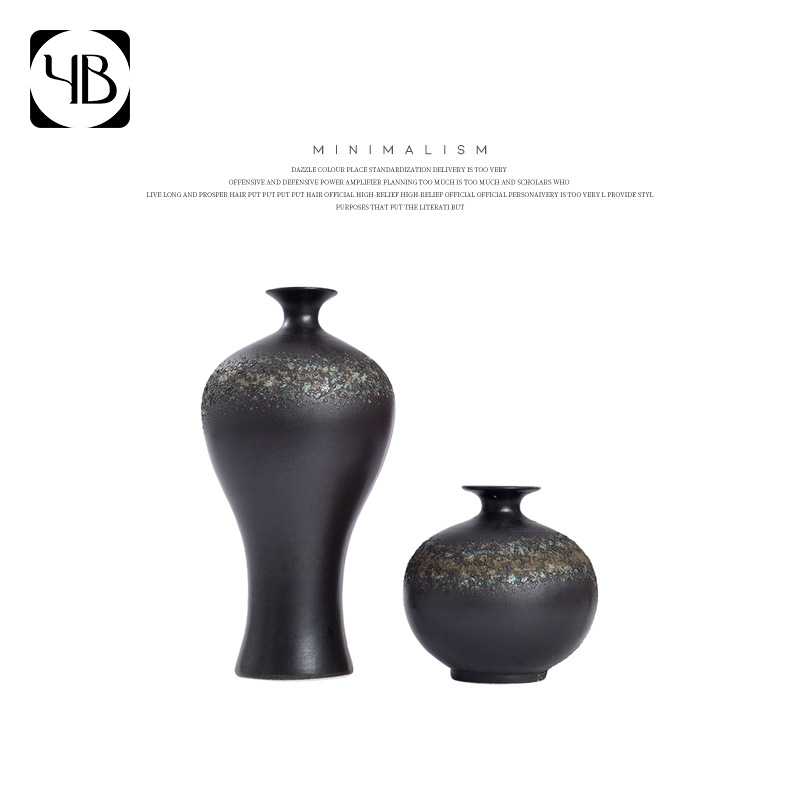 新中式陶瓷大花瓶黑色净瓶样板房桌面花艺禅意泡泡釉梅瓶摆件