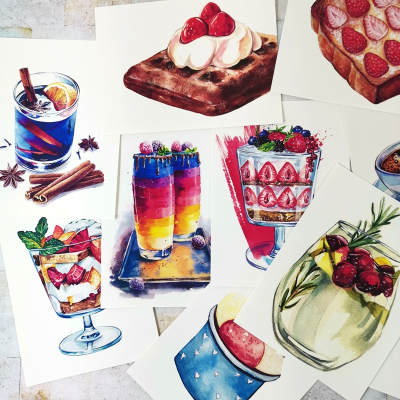 水彩甜点临摹卡片30张手绘风唯美饮品日韩式美术绘画教学比照包邮