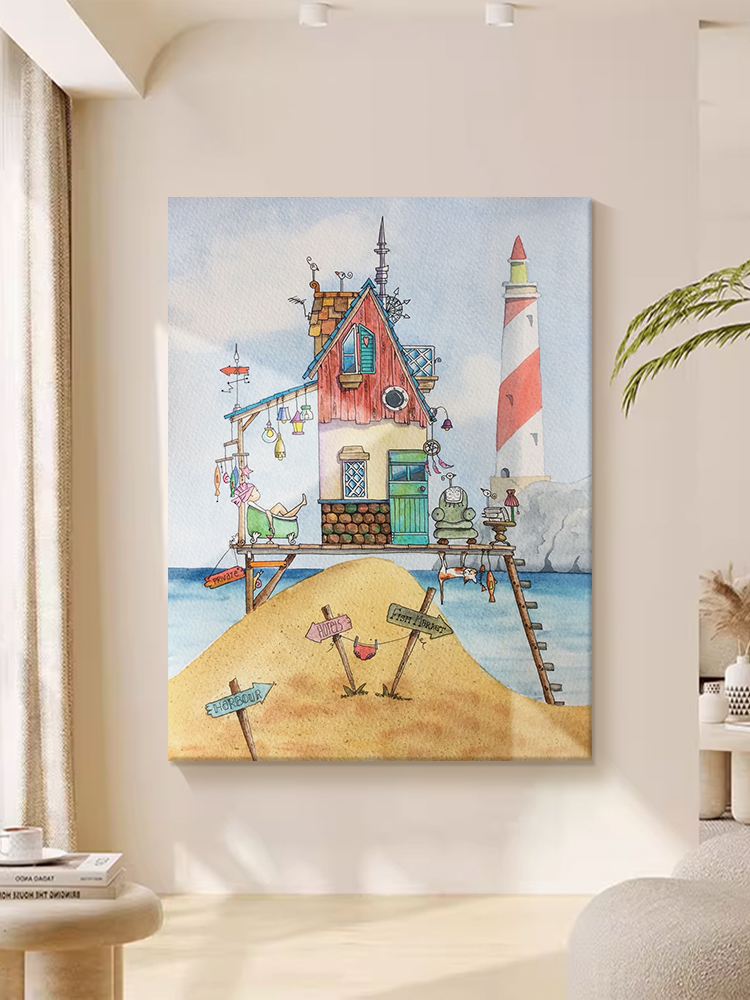 现代艺术海滩风景手绘油画客厅卡通建筑灯塔装饰壁画玄关小众挂画