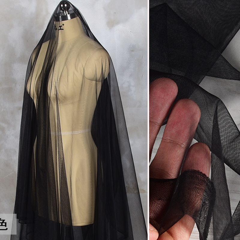 纯黑色加密超透明网纱瑞士网布料礼服婚纱头纱设计师透视服装面料