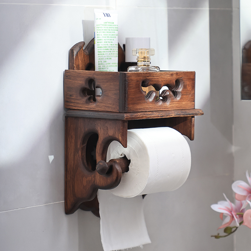 复古实木纸巾架厕所置物架纸巾盒卫生间收纳 卷纸架壁挂厕纸架