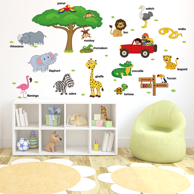 儿童房墙贴纸动物主题学英语贴画英文贴海报装饰卡通教室墙面布置