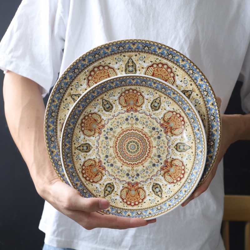 波西米亚风手绘盘子创意花纹个性欧式餐盘平盘11寸西餐盘摆拍浅盘