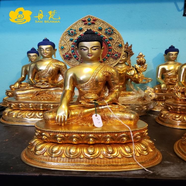 尼泊尔全鎏金释迦牟尼佛掐丝背光雕像双座精品释迦座西藏古代铜雕