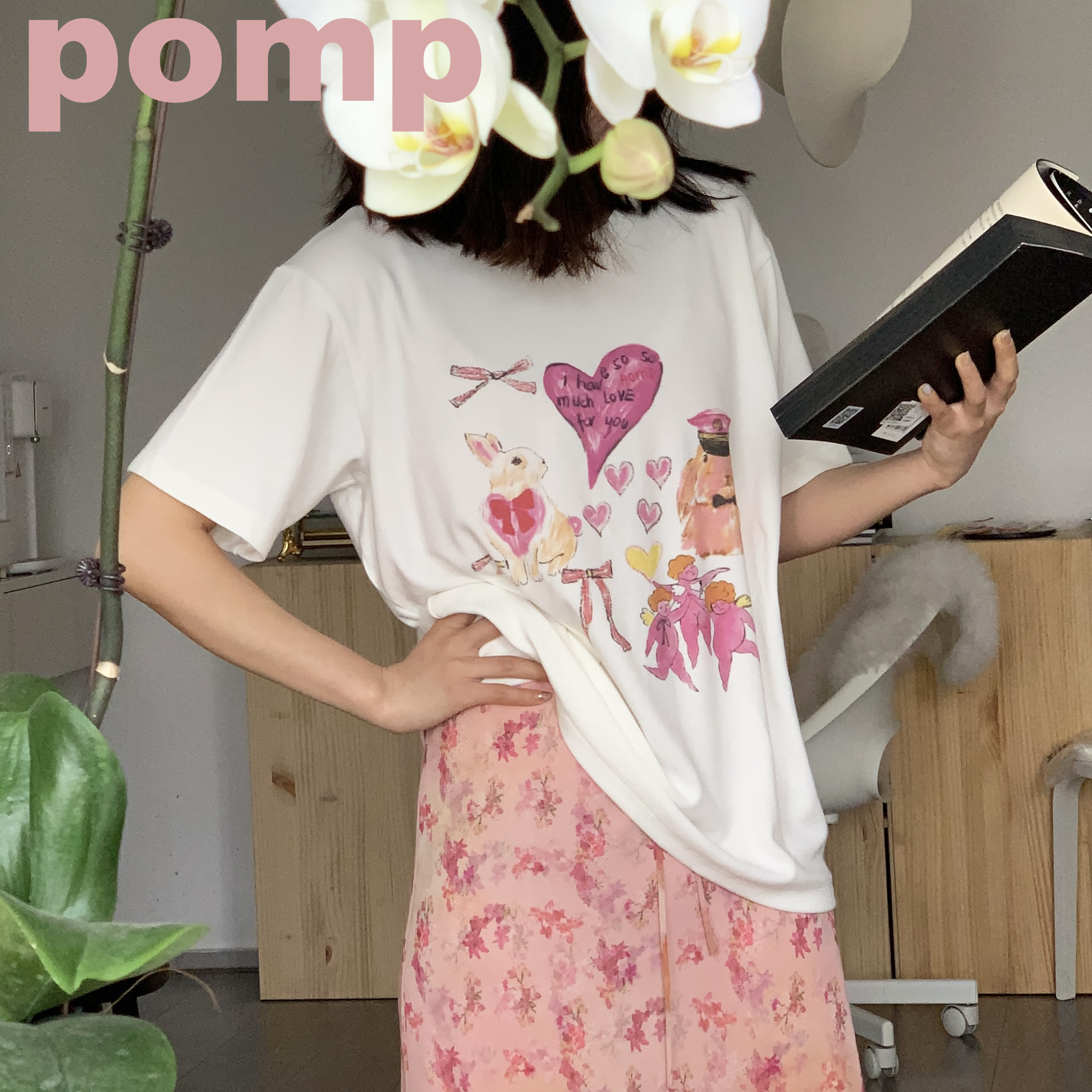 pomp原创手绘插画海军粉色兔小天使短袖均码可爱舒适宽松白色t恤