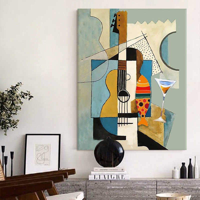 手绘油画毕加索名画吉他抽象派艺术客厅沙发背景墙装饰画玄关挂画