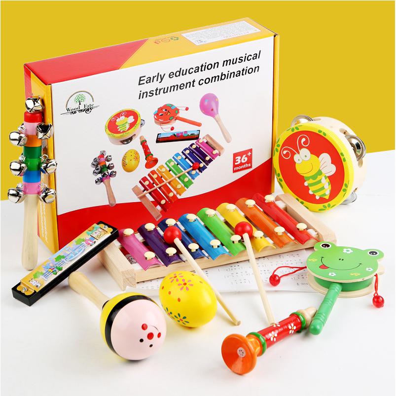 儿童木质乐器组合早教婴幼儿玩具鼓摇铃打击音乐套装随机图案玩具