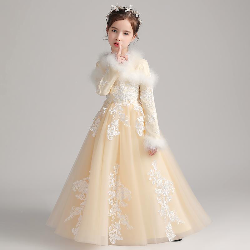 女孩童晚服公主裙长M414袖加绒加琴厚小女花童婚礼儿童钢演出服礼