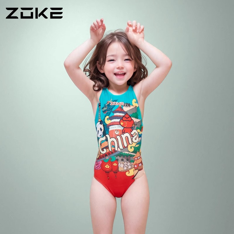 洲克女童泳衣zoke儿童女孩中大童专业训练竞技速干三角连体游泳衣