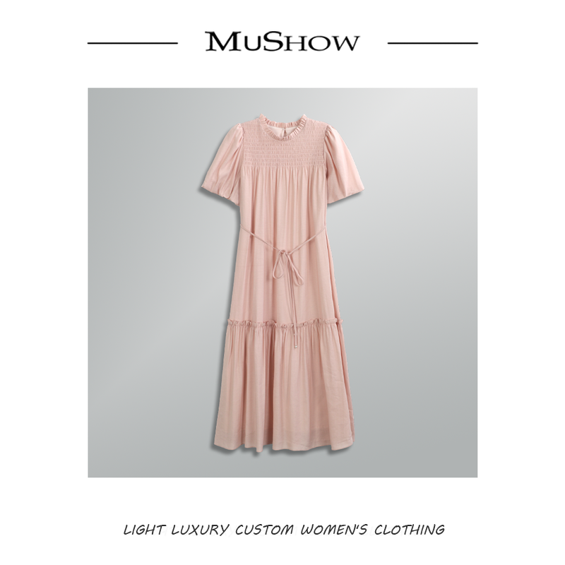 慕秀Mushow 「微醺白茶」法式气质领口褶皱设计连衣裙
