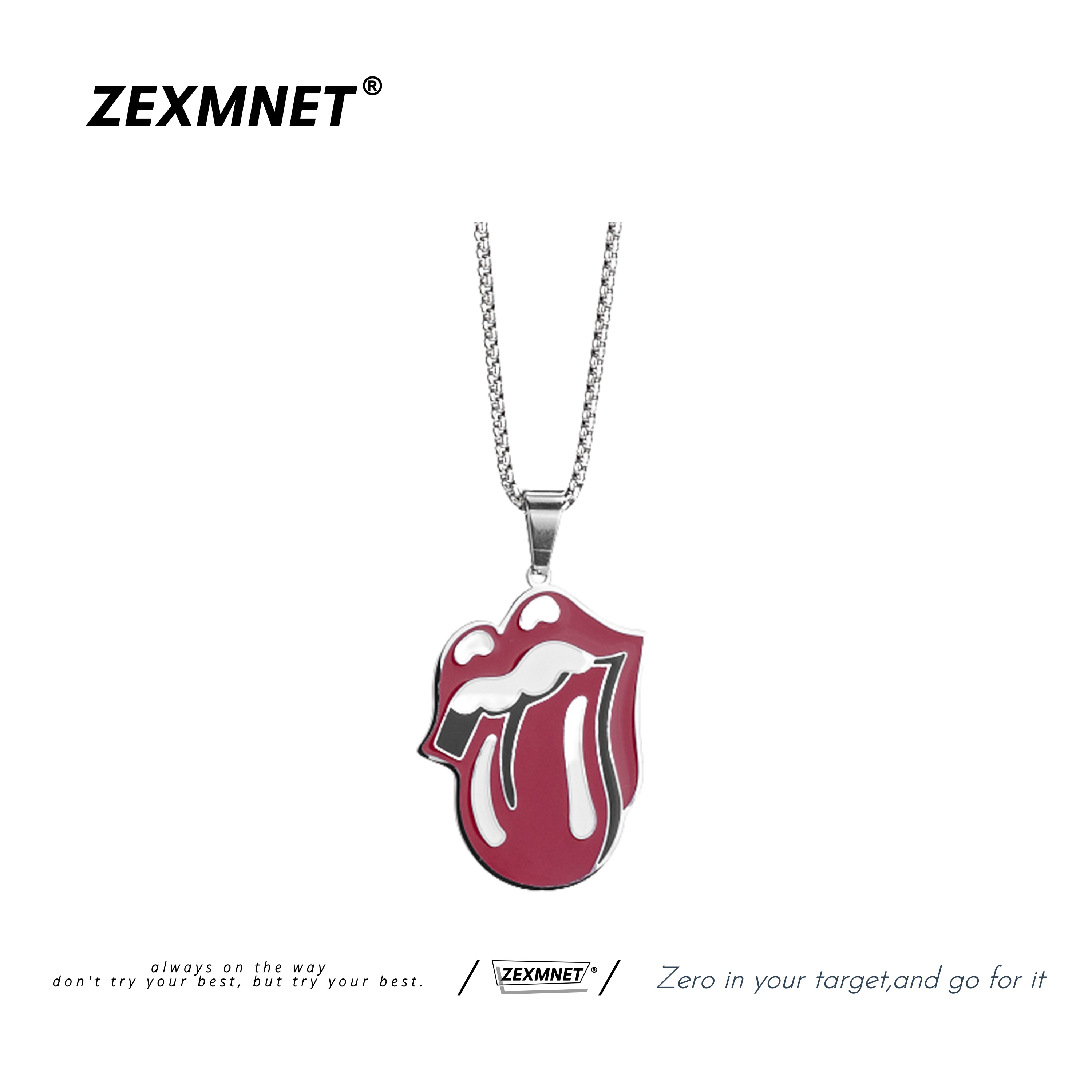 ZeX欧美滚石乐队红色大舌头标志流行嘻哈钛钢吊坠项链