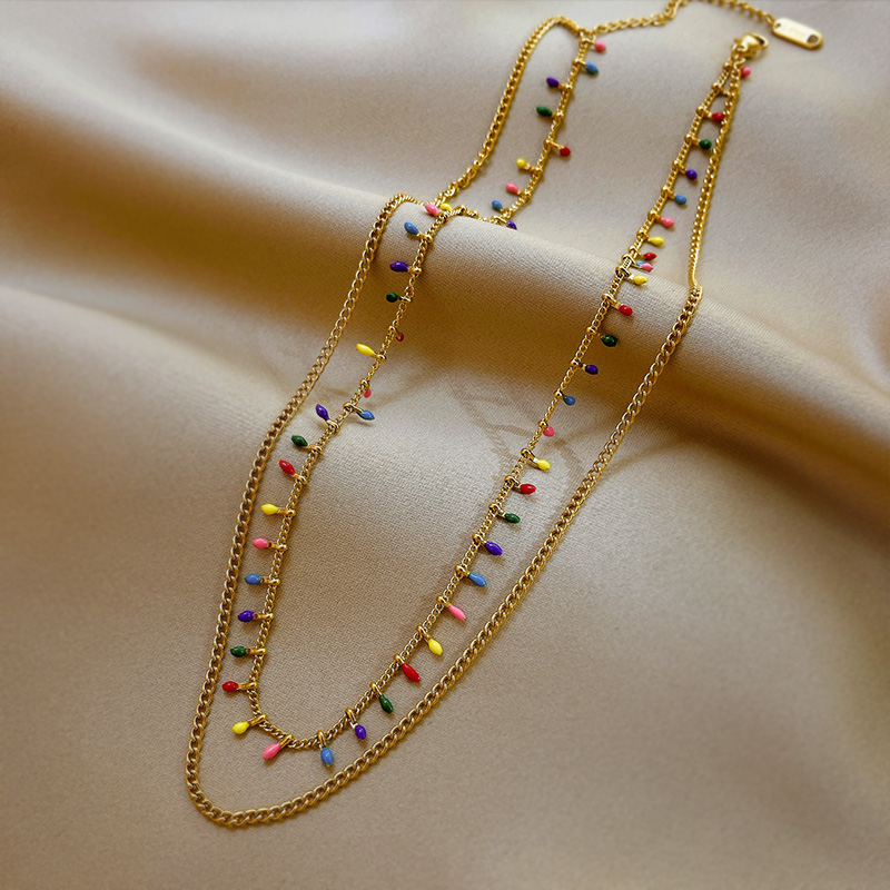 彩色珐琅工艺项链女双层钛钢独特设计感小众锁骨链新款潮流饰品