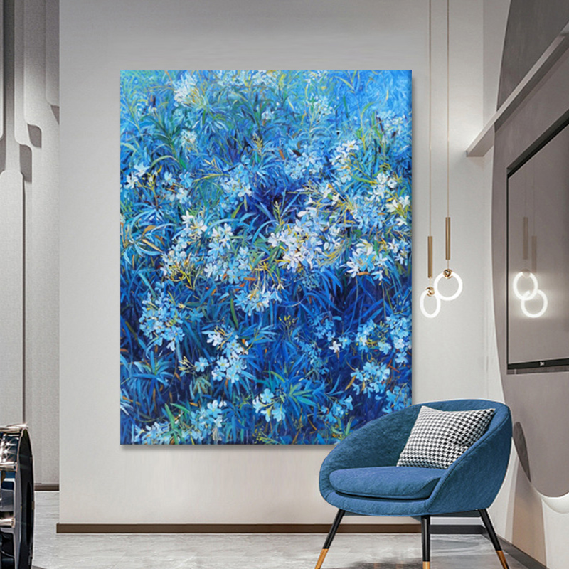 新玄关抽象派花卉肌理挂画客厅克莱因蓝色系纯手绘油画大幅装饰壁