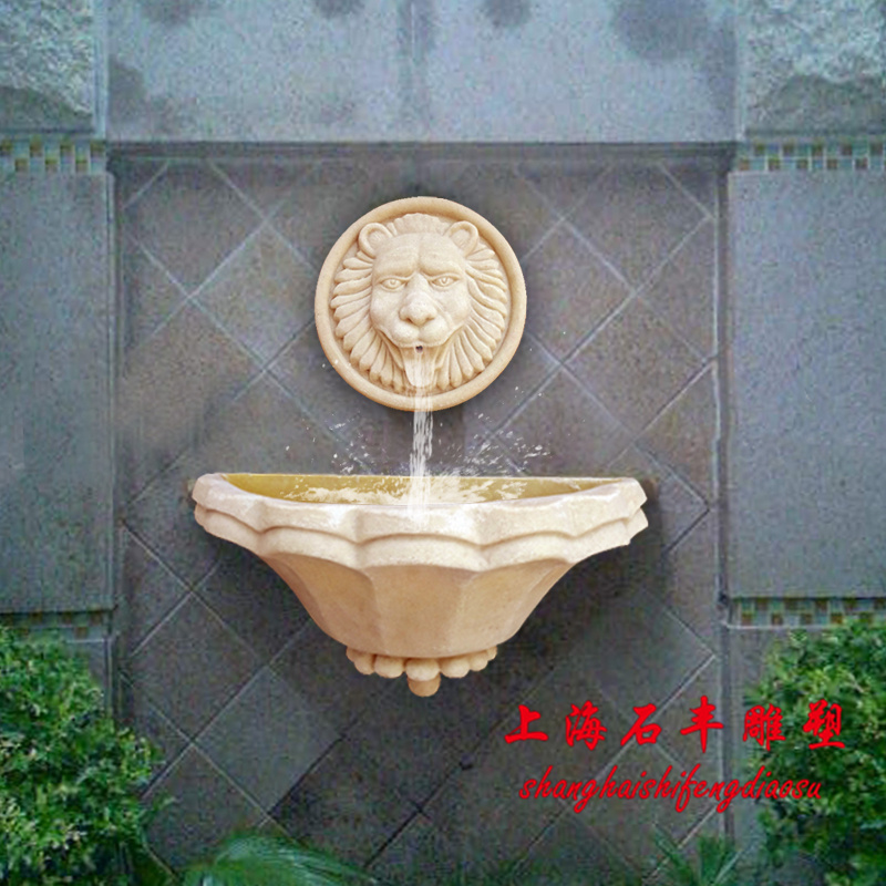 砂岩浮雕壁画圆形狮子头喷泉喷水池庭院景观壁挂喷泉狮头景观喷口