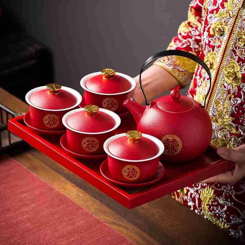 新人结婚改口敬茶杯两对四个茶具套装红色托盘敬茶壶婚礼婚庆用品
