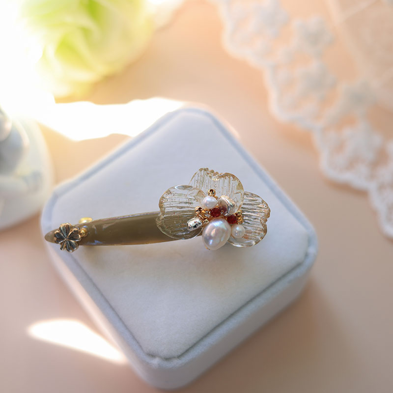 原创品牌日韩宫廷风植物花卉人工串珠琉璃镀金镶嵌宝石边夹弹簧夹