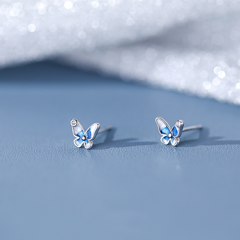 蓝色蝴蝶S999纯银耳钉女 足银简约小清新气质耳骨钉 甜美可爱耳饰