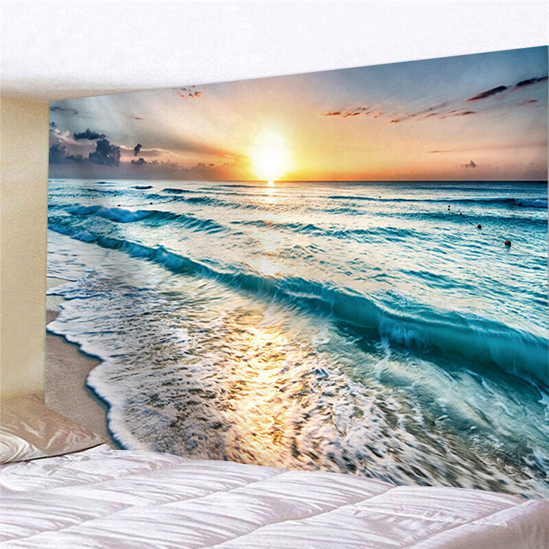 超大风景挂布夕阳日出大海边墙壁装饰挂毯床头卧室背景布遮挡窗帘