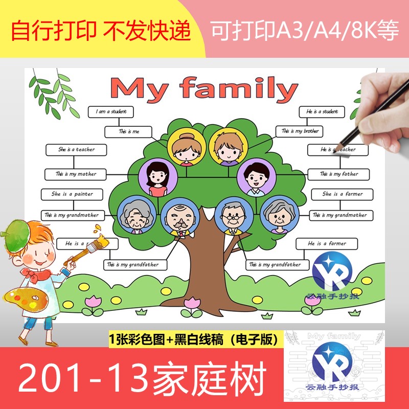201-13my Family tree家庭树英语手抄报思维导图模板人物介绍线稿