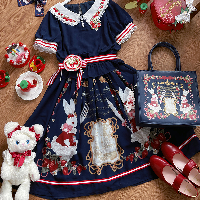 【现货】爱丽丝的兔子先生春秋夏日衬衫半裙Lolita草莓套装