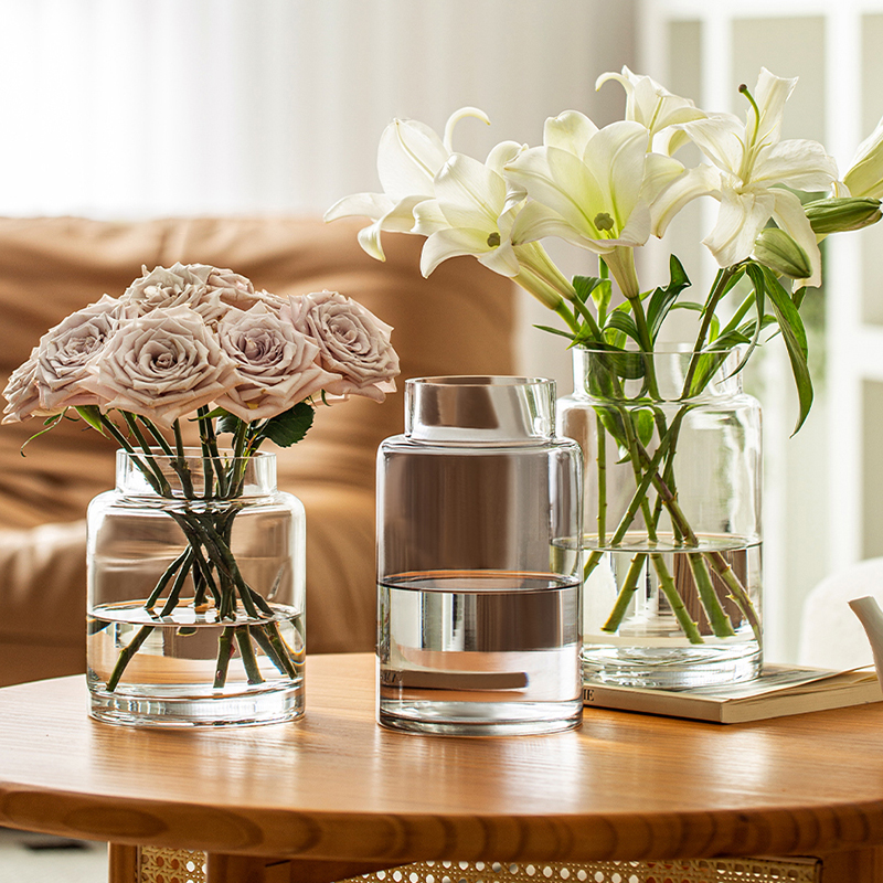 花瓶玻璃摆件客厅插花透明轻奢高级感水养水培百合玫瑰宽口芍药大