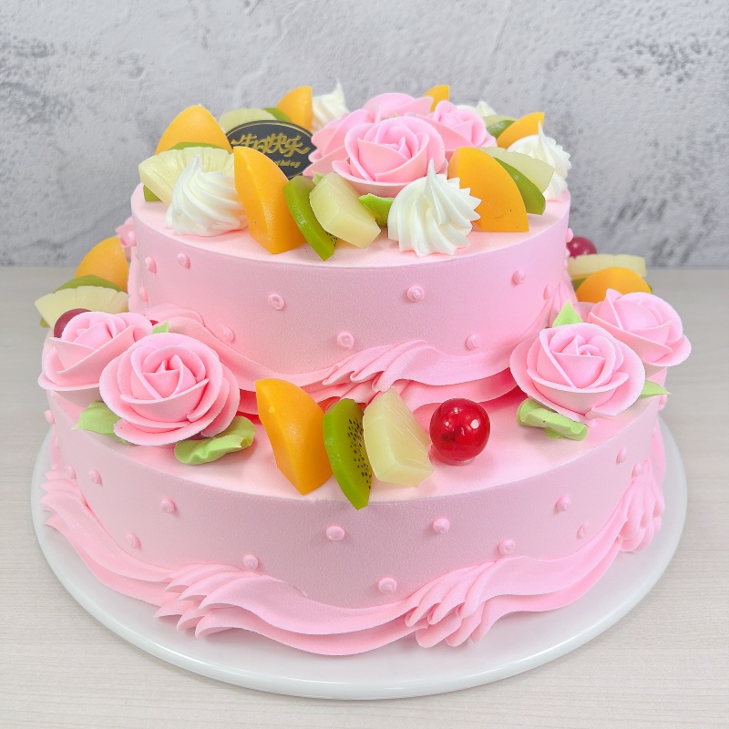 宏艺流行裱花花卉双层两层鲜奶油水果蛋糕模型仿真定制橱窗样品