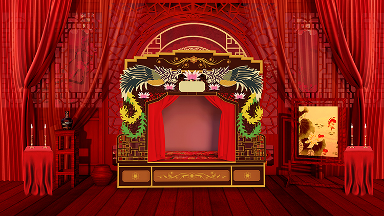 喜庆婚礼婚房古代婚床凤凰床红色高清LED大屏幕舞台背景静态图片
