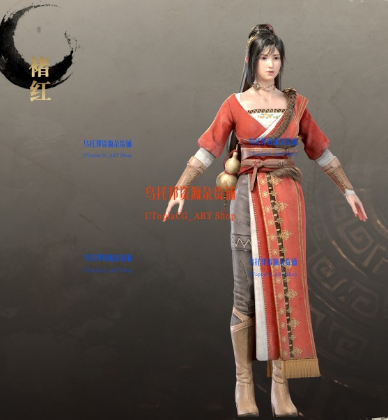 中国风仙侠女剑客东方美女褚红游戏人物角色.3dmax次时代PBR模型