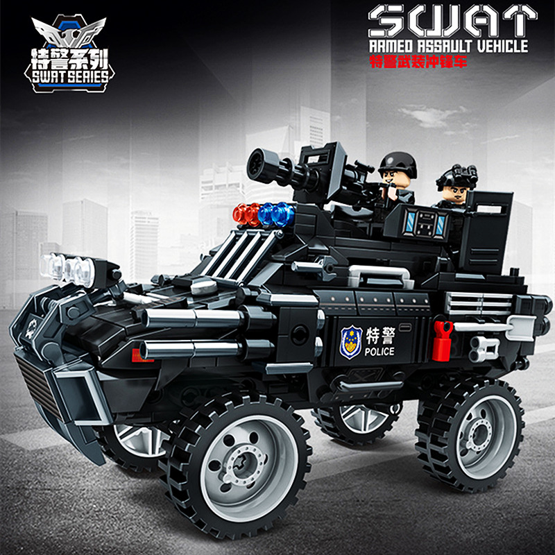 新款积木特警装甲车黑鹰武警男孩子礼物拼装玩具防爆特种部队汽车