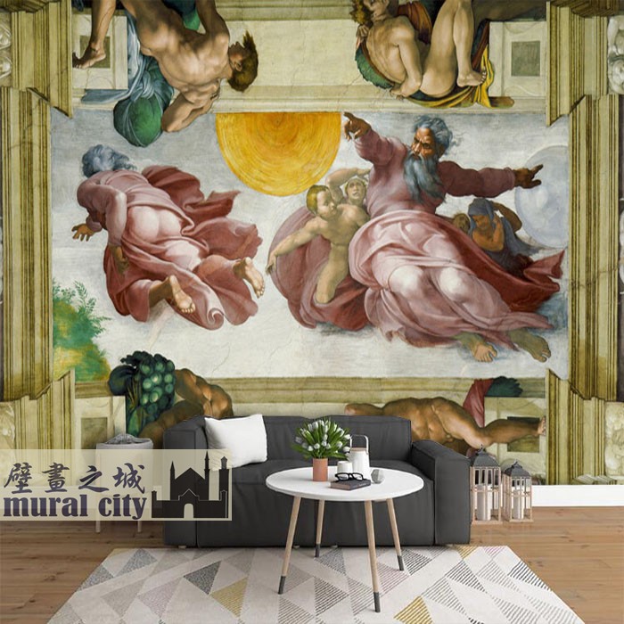 米开朗琪罗创世纪油画壁画墙纸上帝创造星球西方神话壁纸欧式背景