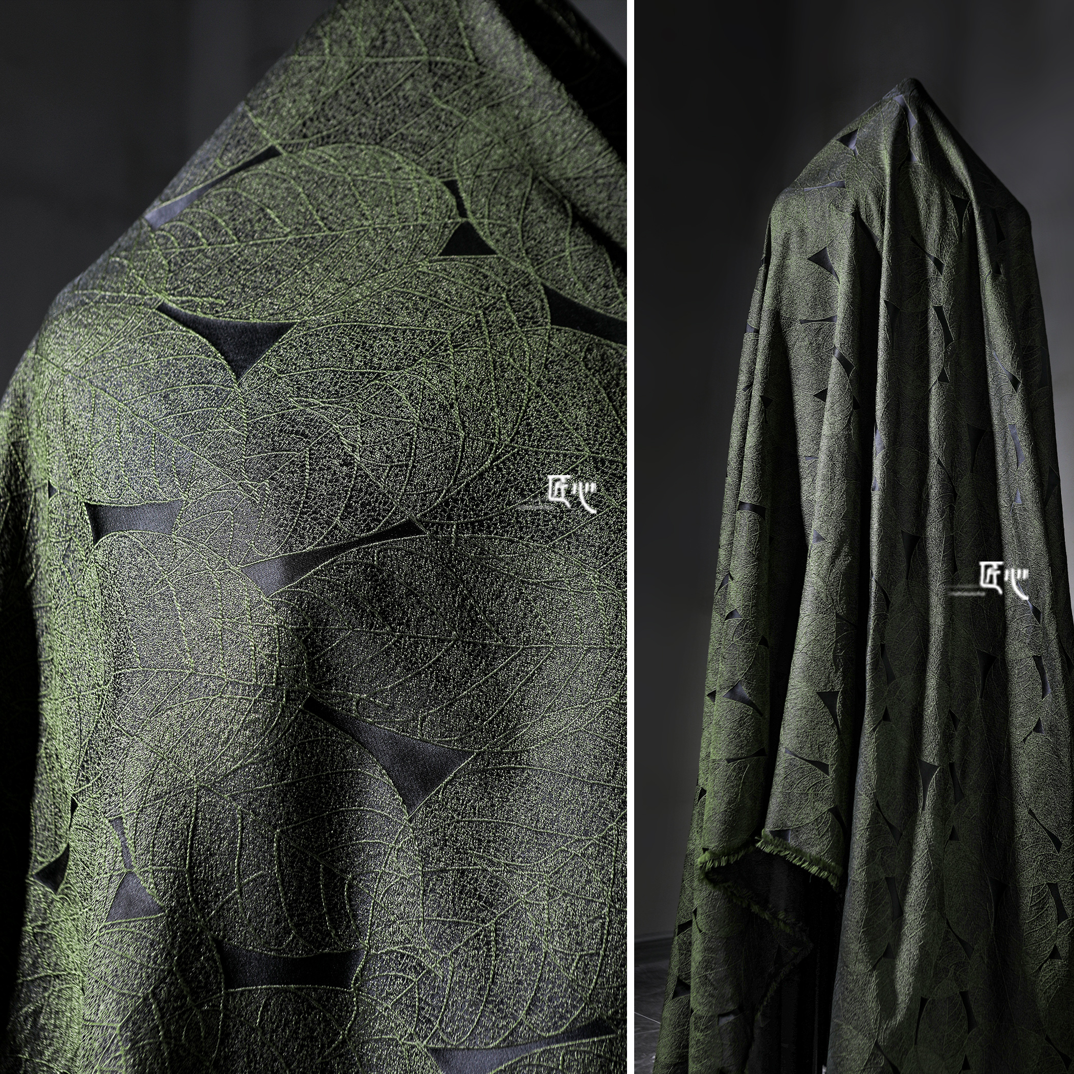 绿色大树叶线性提花布 渐变再造肌理国风创意外套服装设计师面料