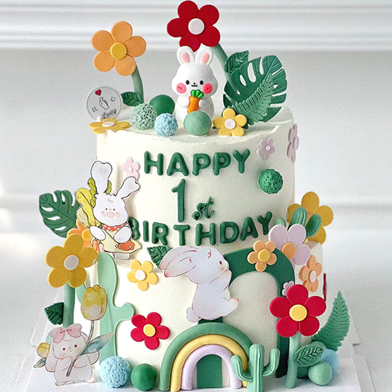 森系小朋友兔子周岁双层蛋糕小兔子树叶花朵彩虹模具蛋糕装饰品