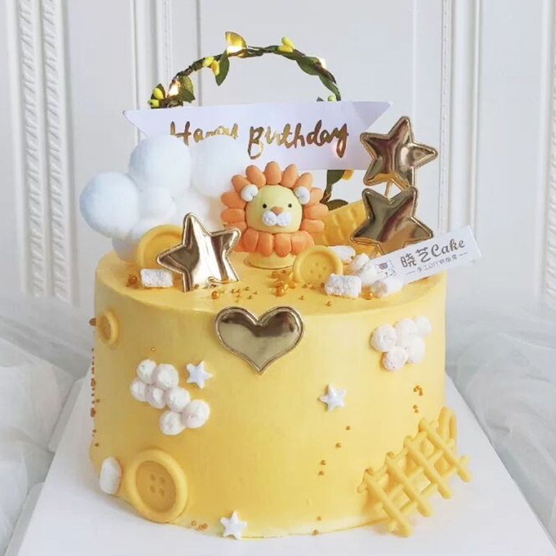 狮子座宝宝生日派对卡通小狮子摆件儿童蛋糕可爱黄色狮子云朵插件