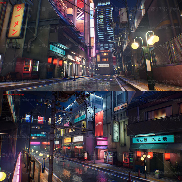 UE4日本城市街道夜景 火车站小巷店铺广告牌灯光 场景CG素材