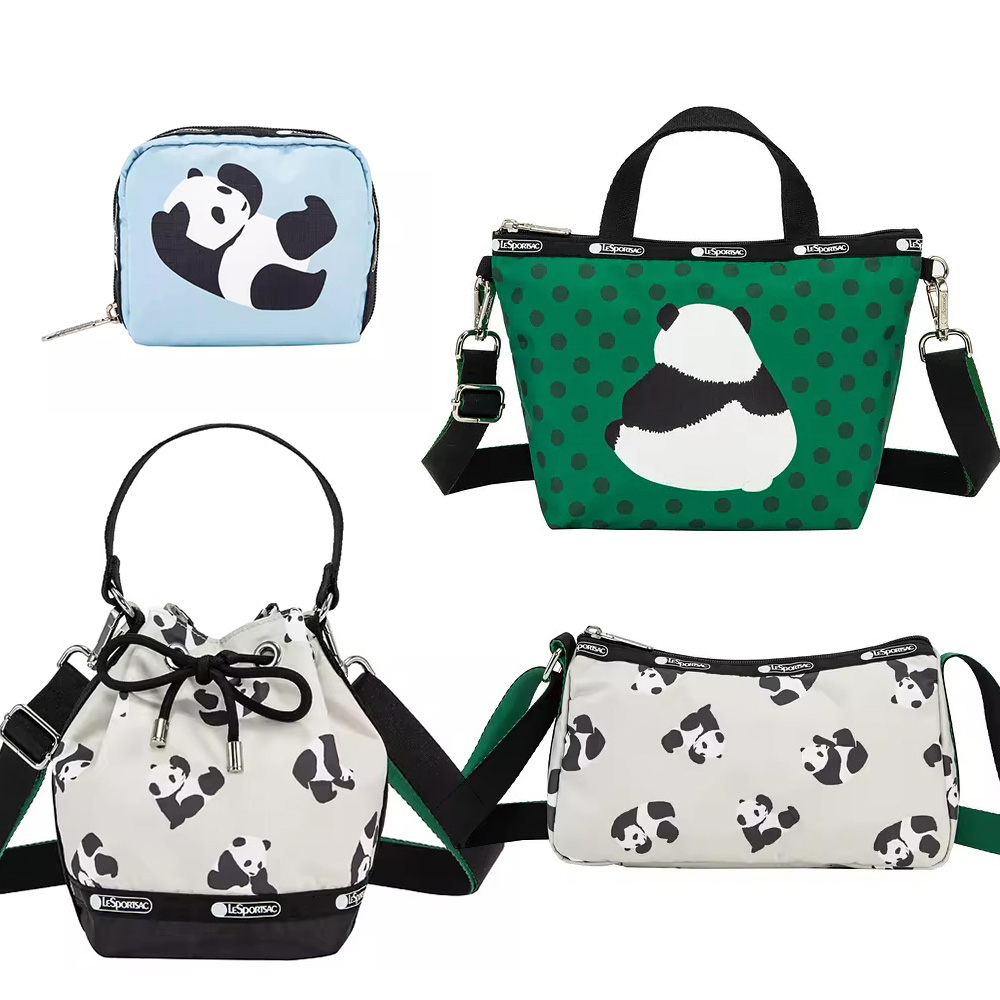 卡通熊猫女布包可爱熊猫印花小方包化妆包轻便逛街斜挎包托特包