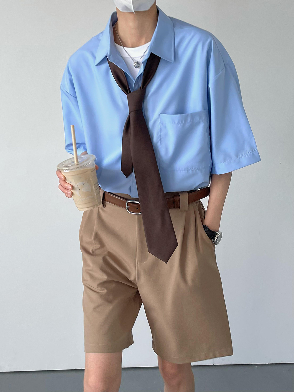 SF/夏新韩风复古垂感短袖衬衫男士宽松版时髦纯色休闲五分袖衬衣