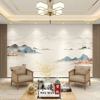 新中式黑白山水电视背景墙壁纸意境水墨客厅沙发影视墙布定制壁画