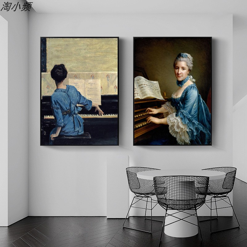 北欧客厅背景墙装饰画芯复古小众人物弹钢琴现代轻奢卧室挂画画心