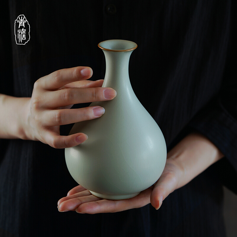 汝窑玉壶春瓶陶瓷花瓶摆件客厅插花轻奢仿古瓷器礼盒装青瓷