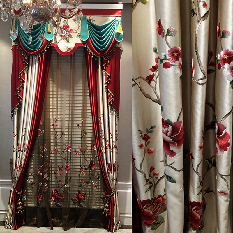 新中式牡丹绣花窗帘布仿真丝暗纹刺绣纱遮光红木家具米色客厅卧室