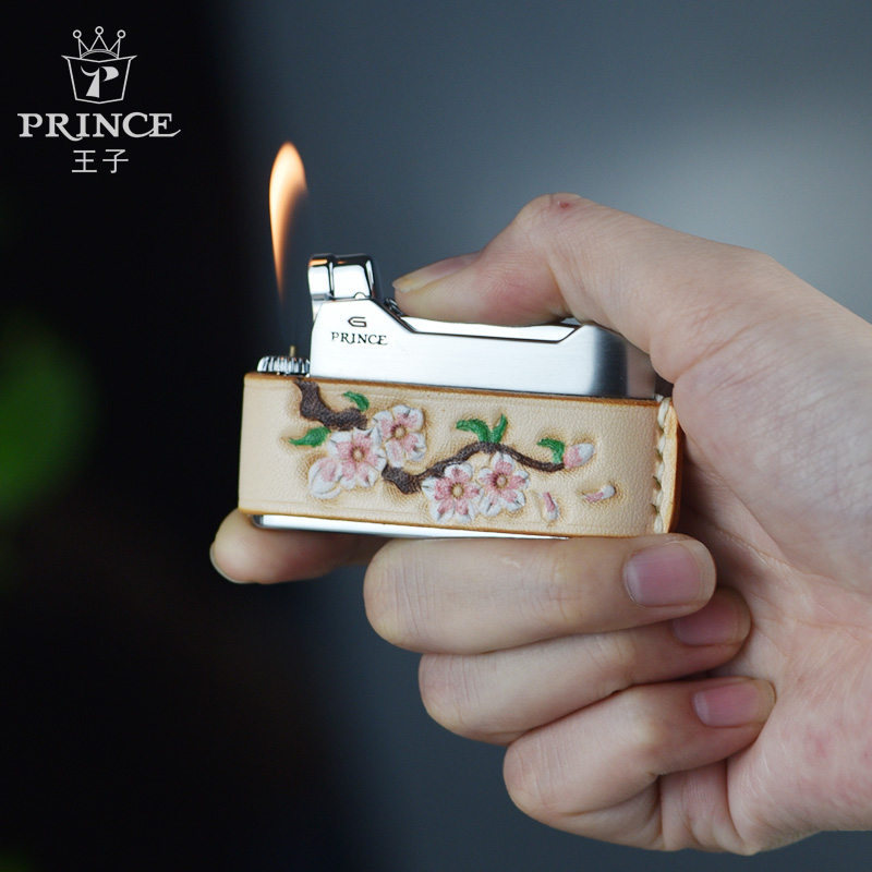 日本正品王子/Prince复古充气打火机真皮纯手雕樱花彩绘创意礼品