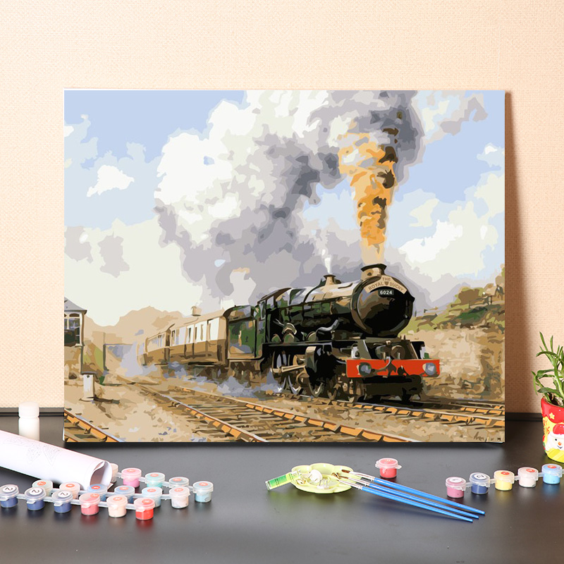 新品数字油画diy填充阿尔伯塔的蒸汽火车风景手绘解闷手工涂色油
