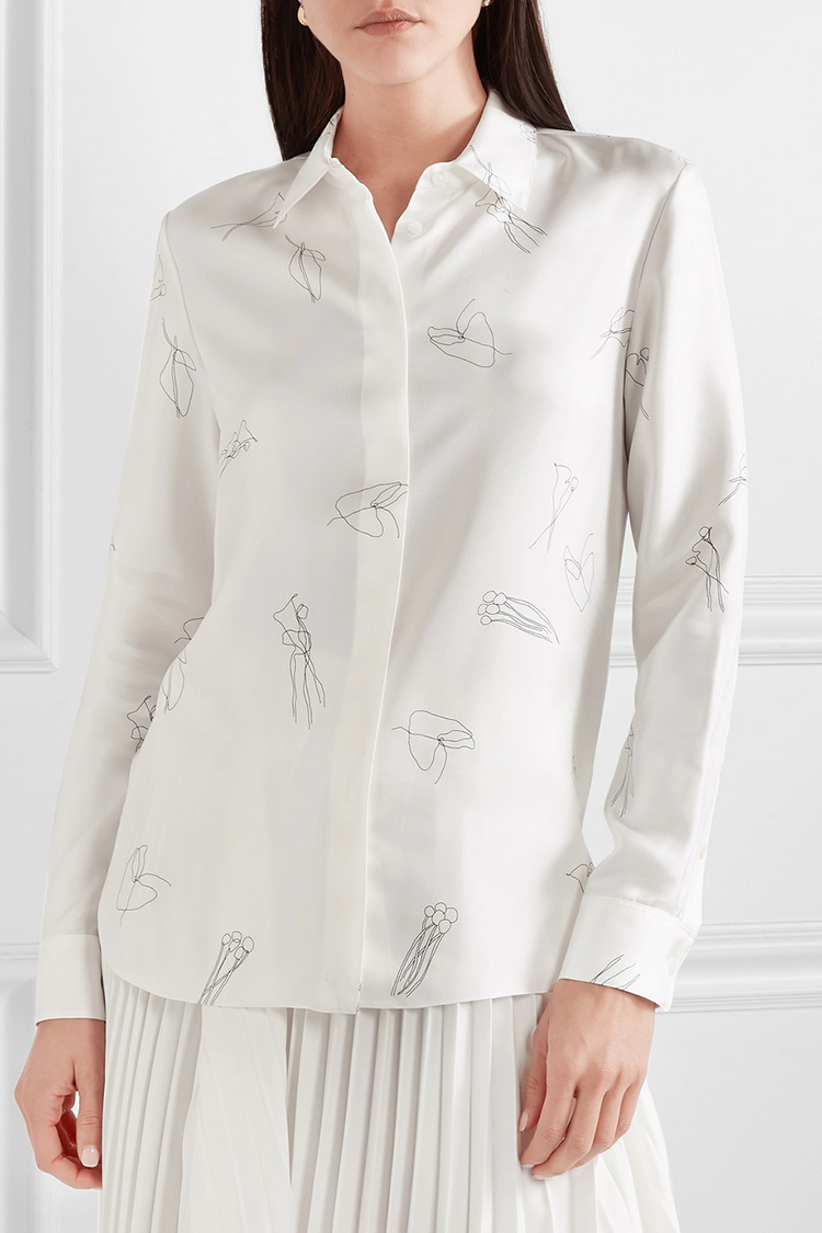 TH19春夏335美金 简笔画涂鸦减龄真丝好版型抽象白描印花silk衬衫