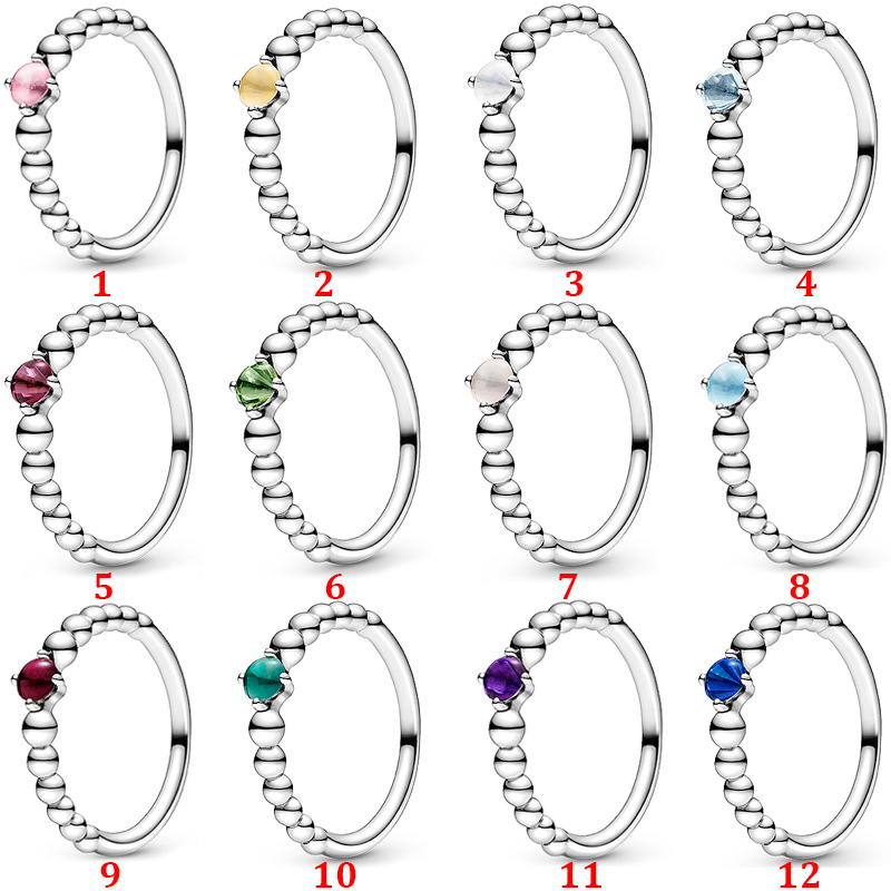 潘家S925纯银十二（12）个月份饰珠戒指多色精致小众戒指对戒