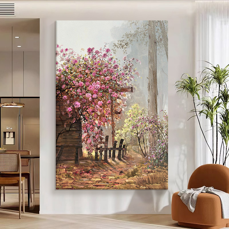 臻选法式玫瑰花丛手绘油画客厅抽象粉色花卉装饰画玄关田园风肌理